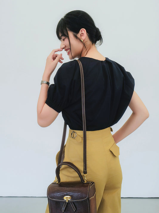 Áo kiểu nữ màu xanh đen,cổ tròn xếp ly và tay áo phồng có chun co giãn - SH9989