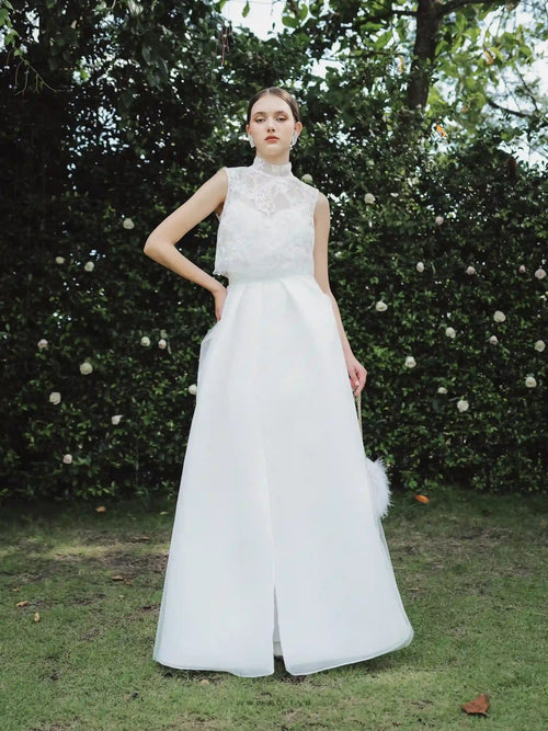Impressive wedding dress "2 in 1" with a sleeveless crop top and long skirt - S1789 - POXI