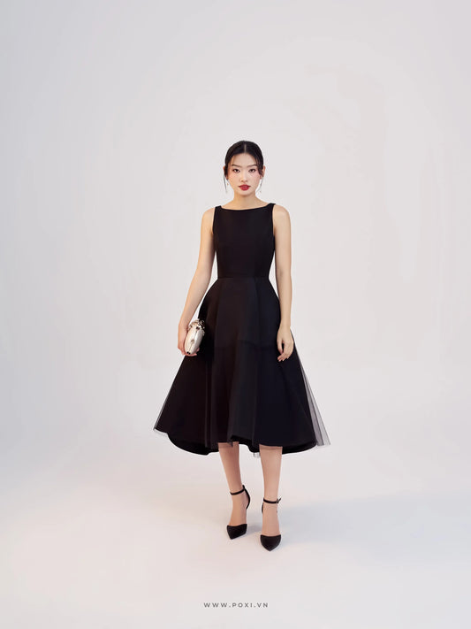 Đầm cổ thuyền không tay, váy xếp ly xòe phối lưới - D1949 Regular