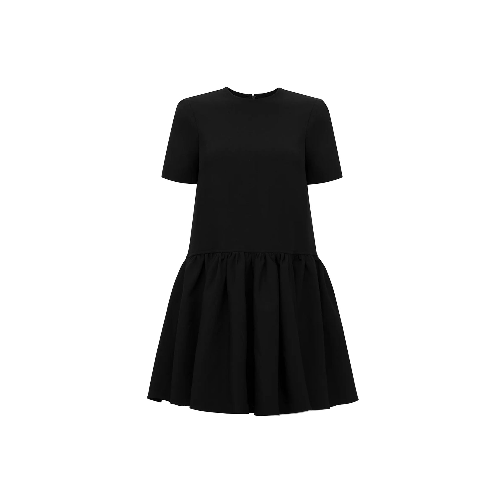Đầm mini cổ tròn màu đen, tay ngắn và bèo lai nhún nhẹ - YD9861