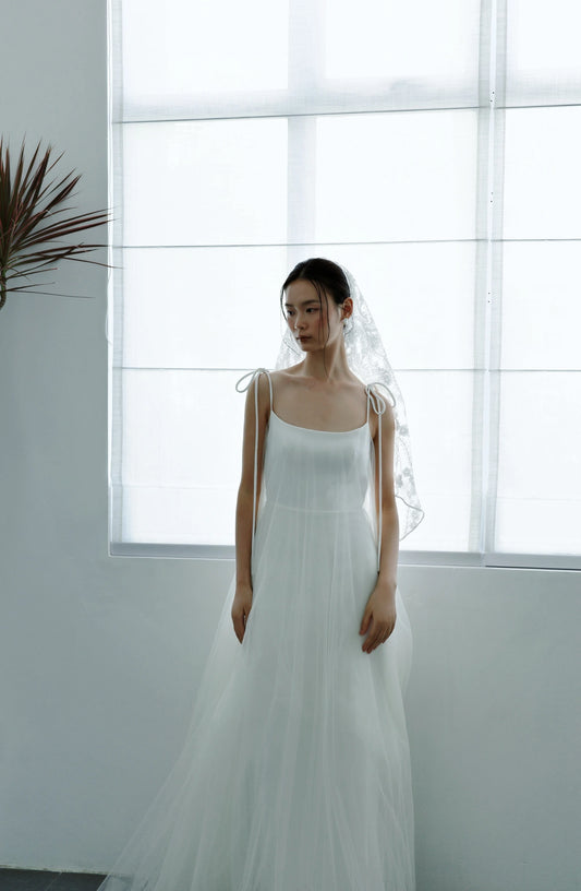 Đầm xòe phối lưới dây vai dài thắt nơ - D1966