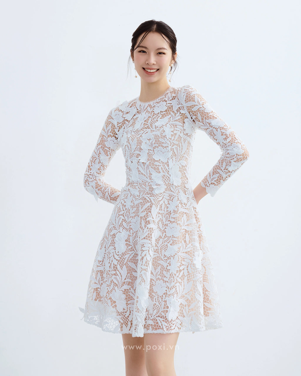 Đầm ren cổ tròn tay dài váy Aline xòe nhẹ - D2001