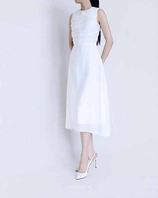 Đầm midi cổ tròn xếp ly thân trên, dáng váy Aline xòe nhẹ - D2006