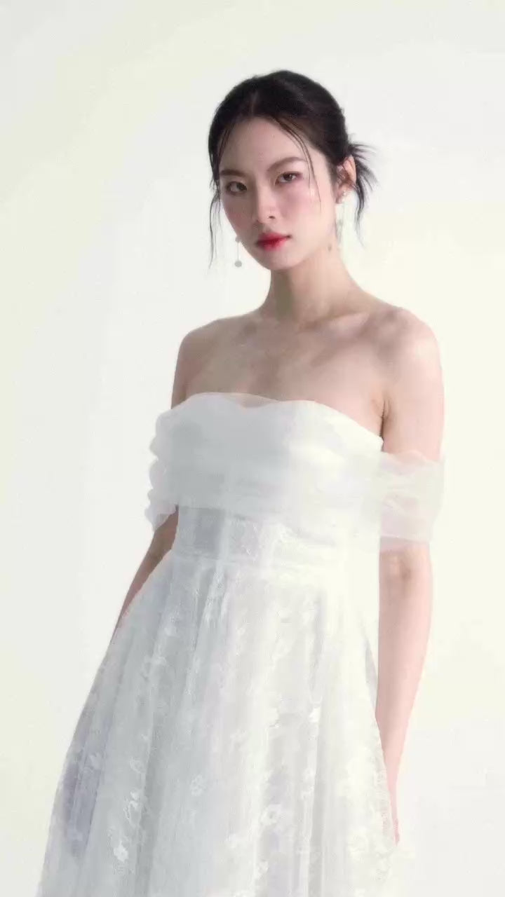 Đầm ren xòe cúp ngực phối bèo lưới tay - D1927