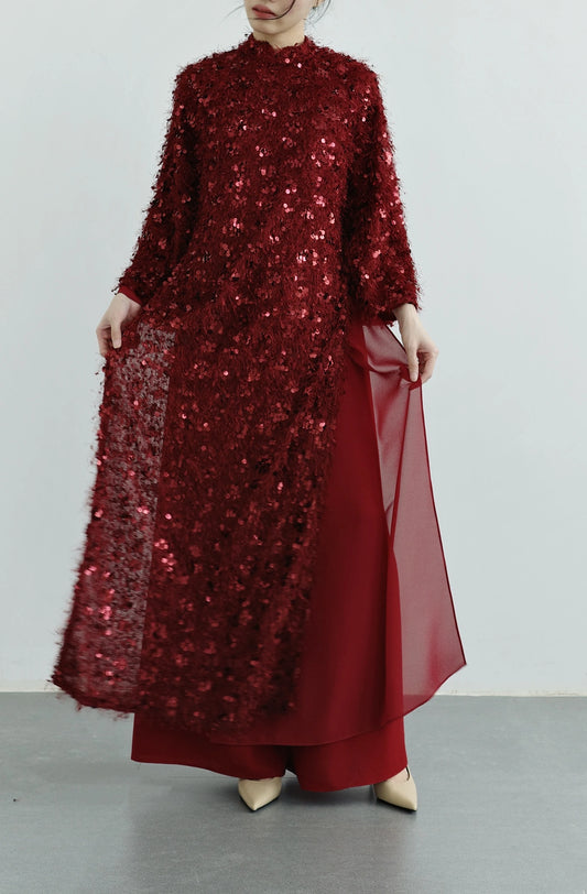 Set áo dài màu đỏ tay lỡ và quần dáng rộng - S1994B