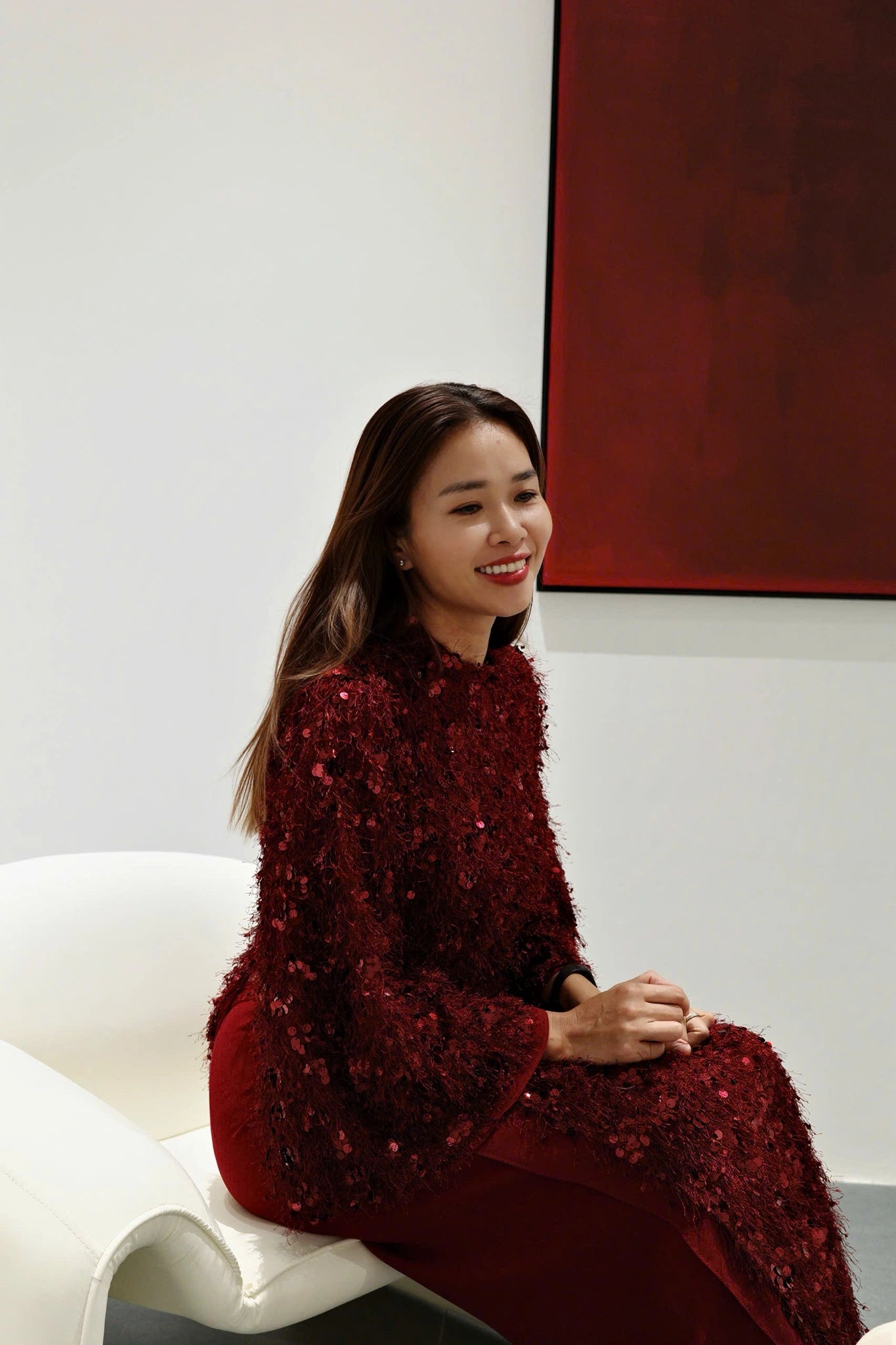 Set áo dài màu đỏ tay lỡ và quần dáng rộng - S1994B