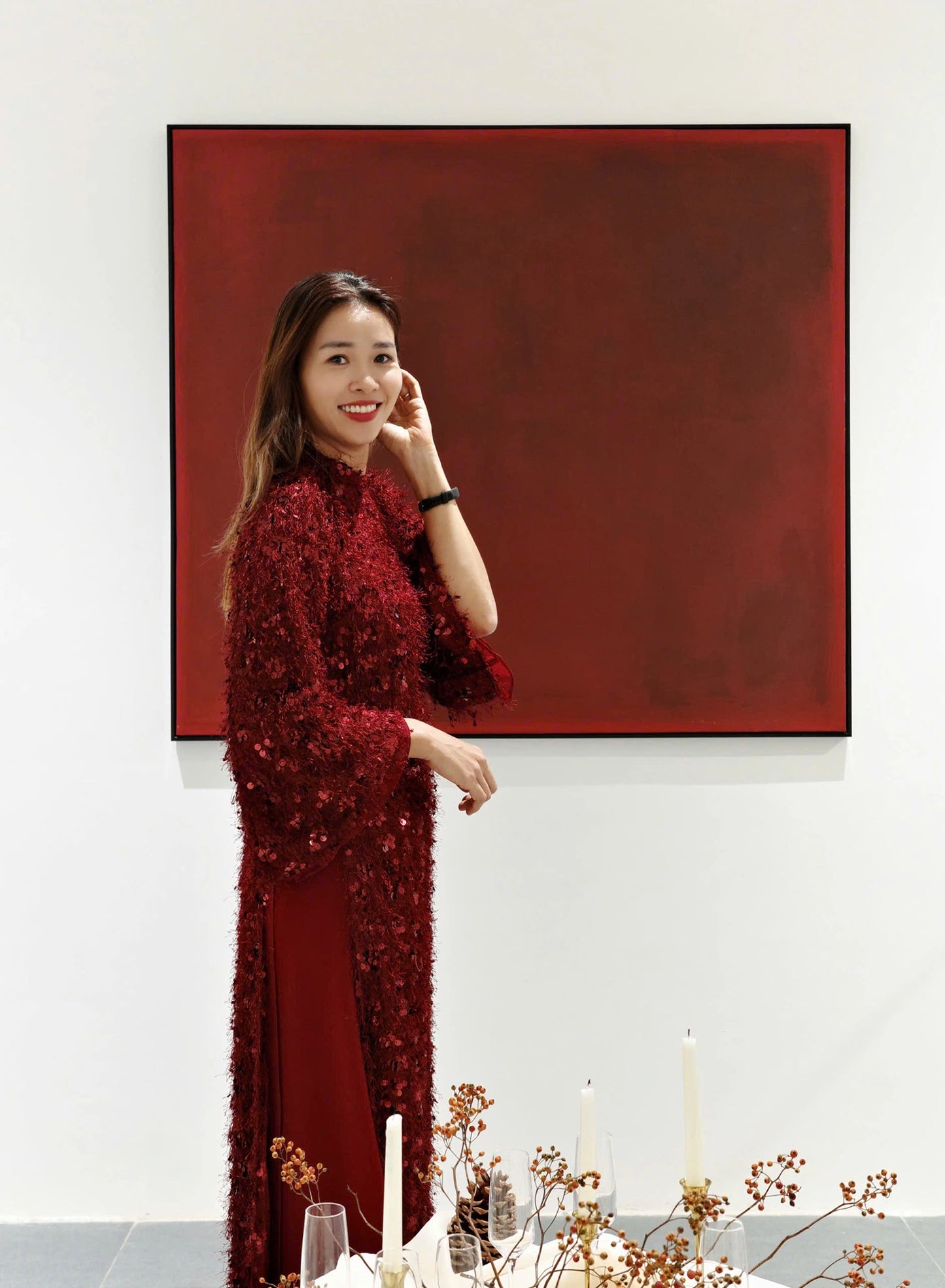 Set áo dài màu đỏ tay lỡ và quần dáng rộng - S1994B