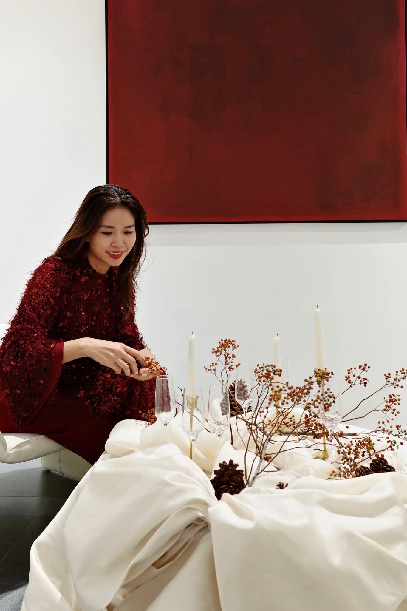 Set áo dài màu đỏ tay lỡ và quần dáng rộng - S1994B