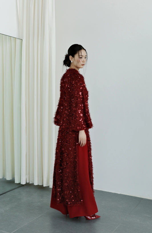 Set áo dài màu đỏ tay lỡ và quần dáng rộng - S1994B