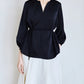 Áo kiểu nữ màu xanh navy cổ tròn xẻ V trước  - SH9773B