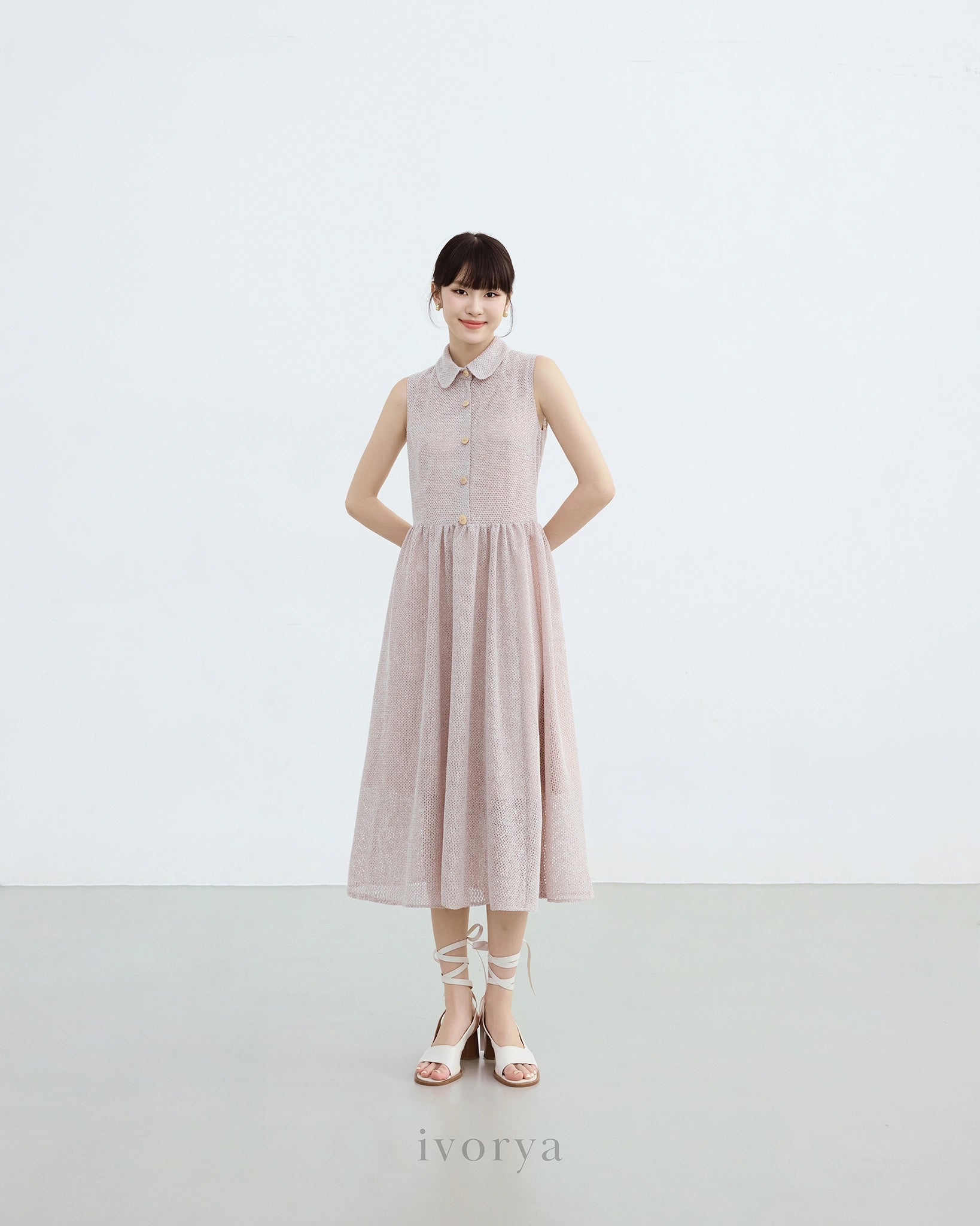 Đầm midi cổ sen không tay, eo váy nhún nhẹ - YD9808
