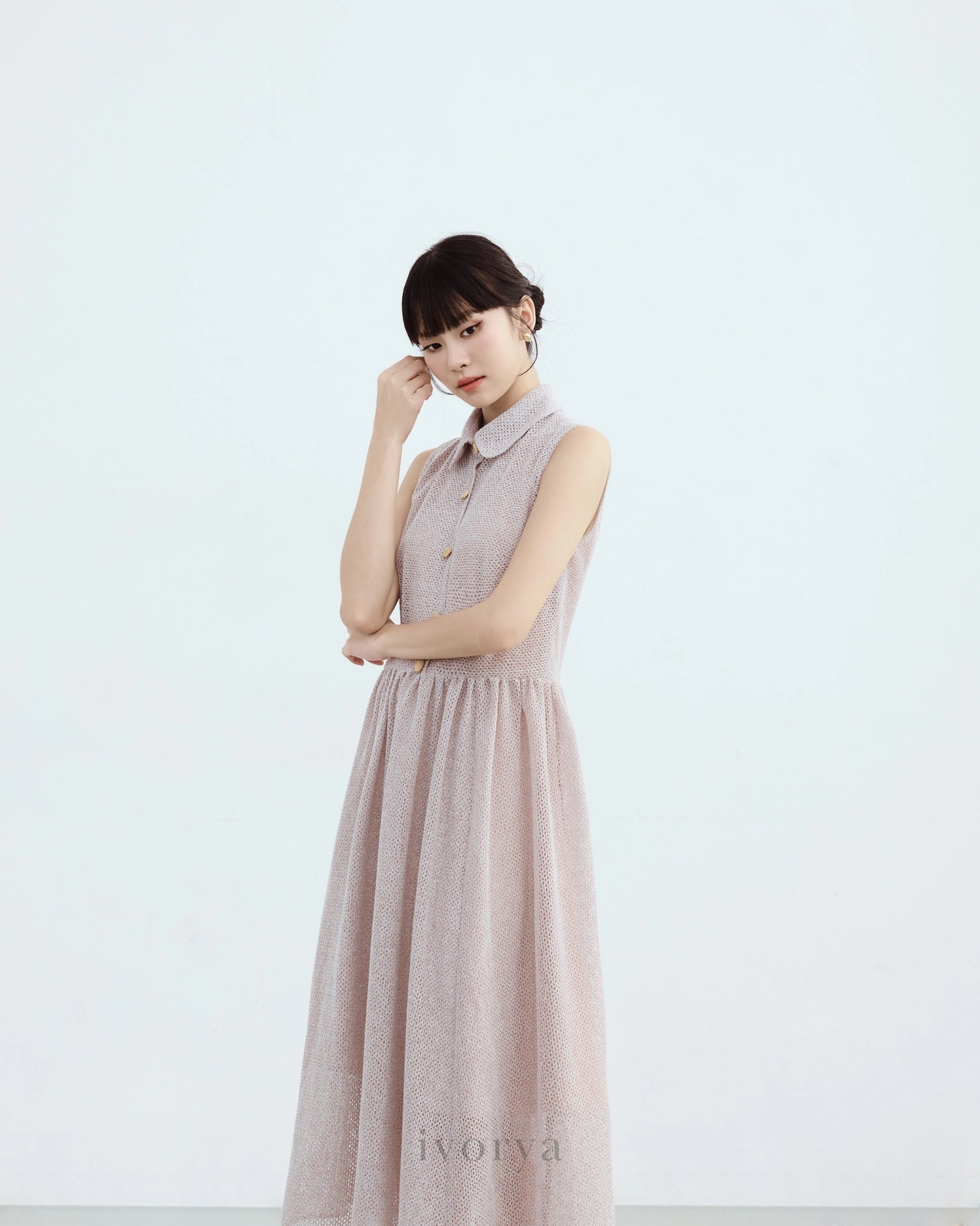 Đầm midi cổ sen không tay, eo váy nhún nhẹ - YD9808